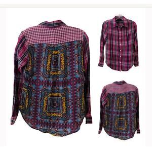 Tolani Mixed Print Plaid Button Up Long Sleeve Top Size S Small